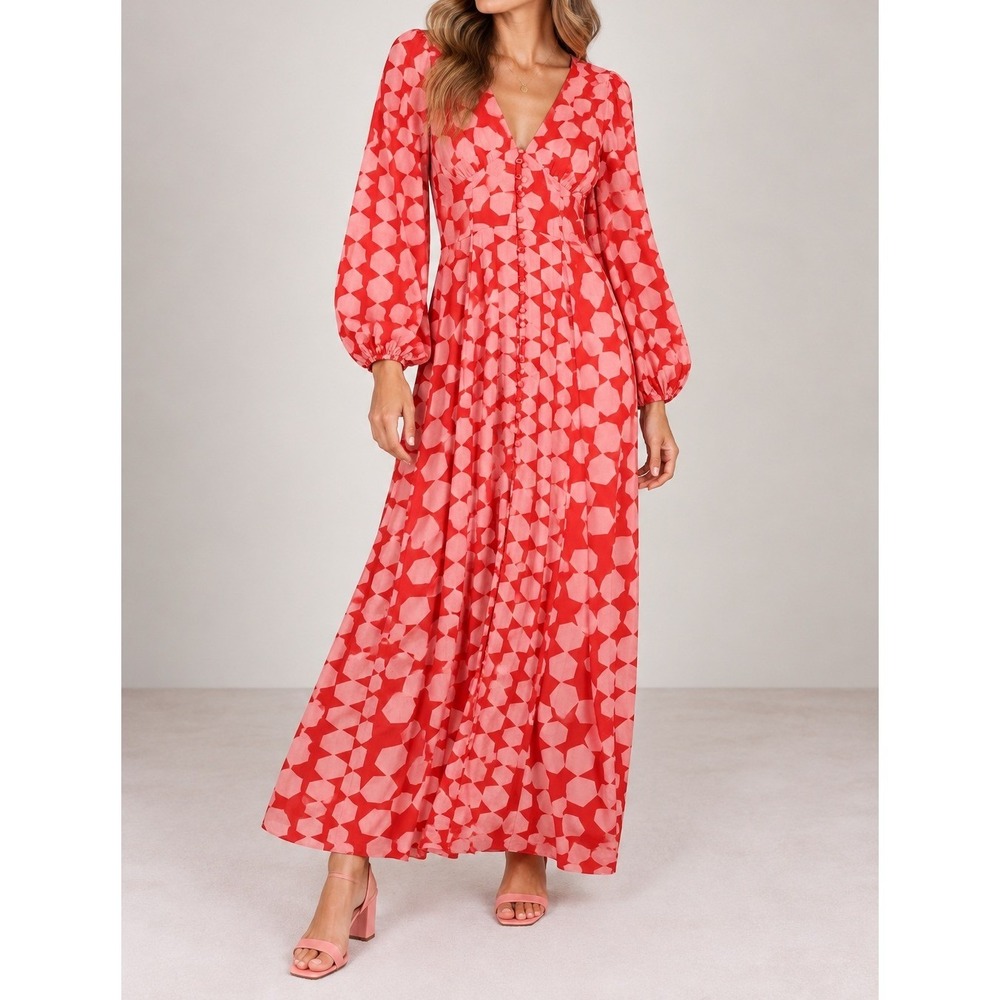 AGGI Halewski Imani Rosewater Red Geometric Star Maxi Dress Size M NEW